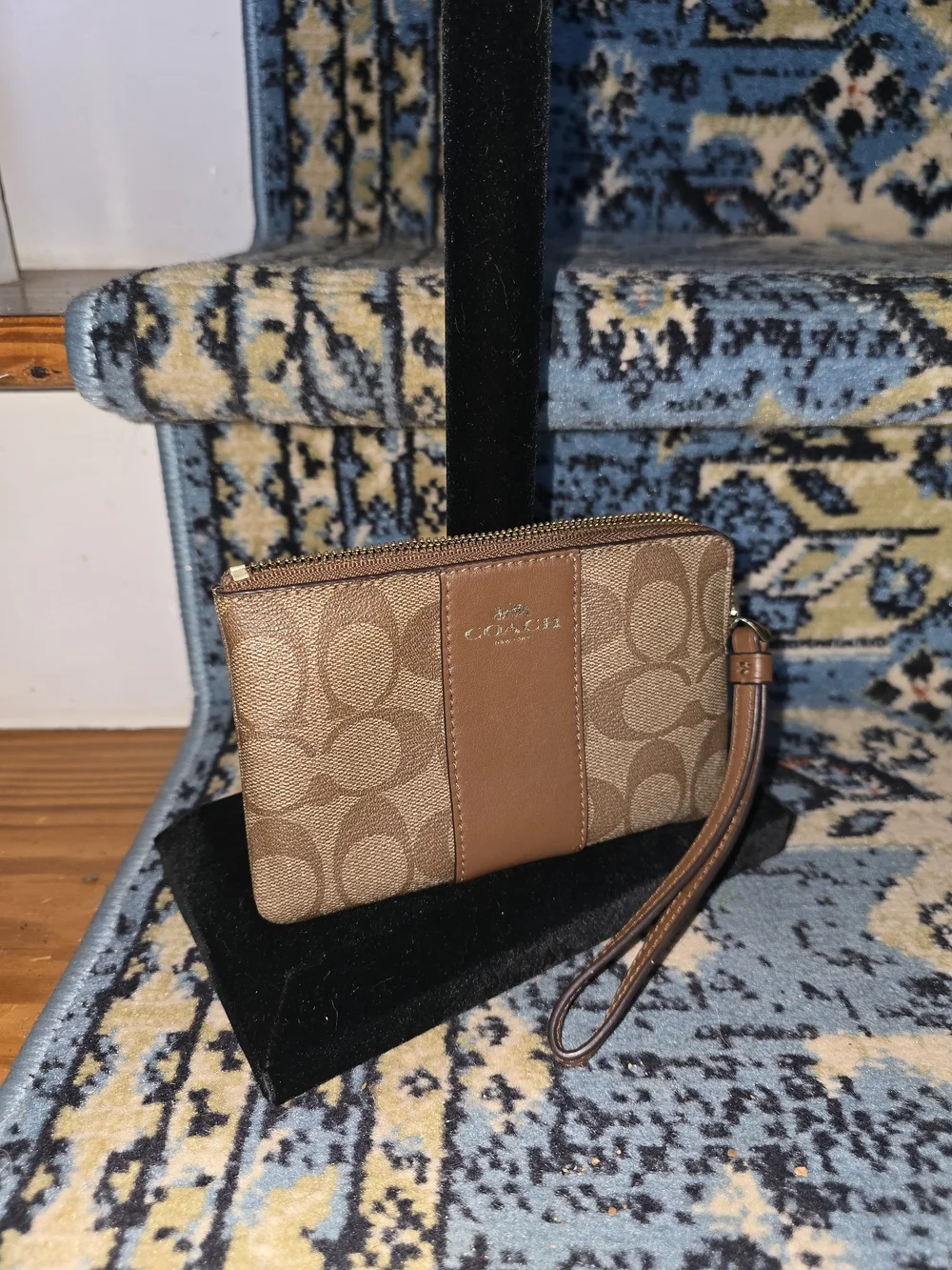 Coach Brown Signature Canvas Wristlet with Leather Trim